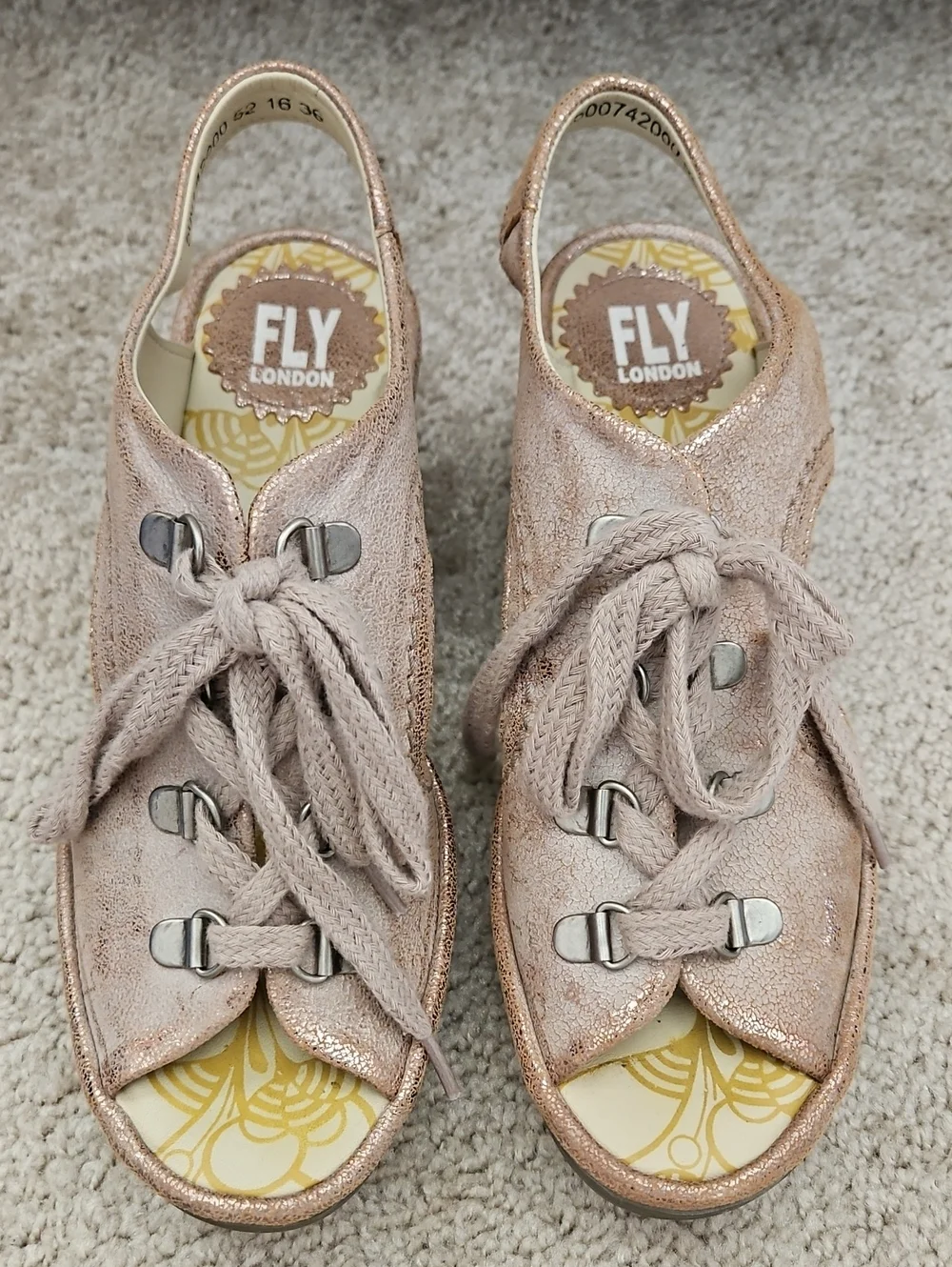 Fly London Metallic Leather Lace Up Platform Sandal EU 36 EUC